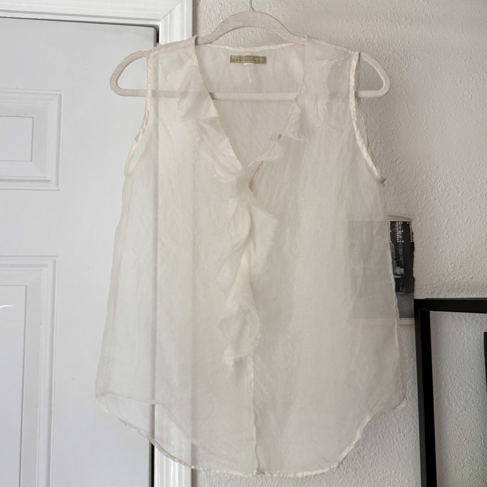 PIP-SQUEAK CHAPEAU off white sheer organza ruffle neck sleeveless tank top